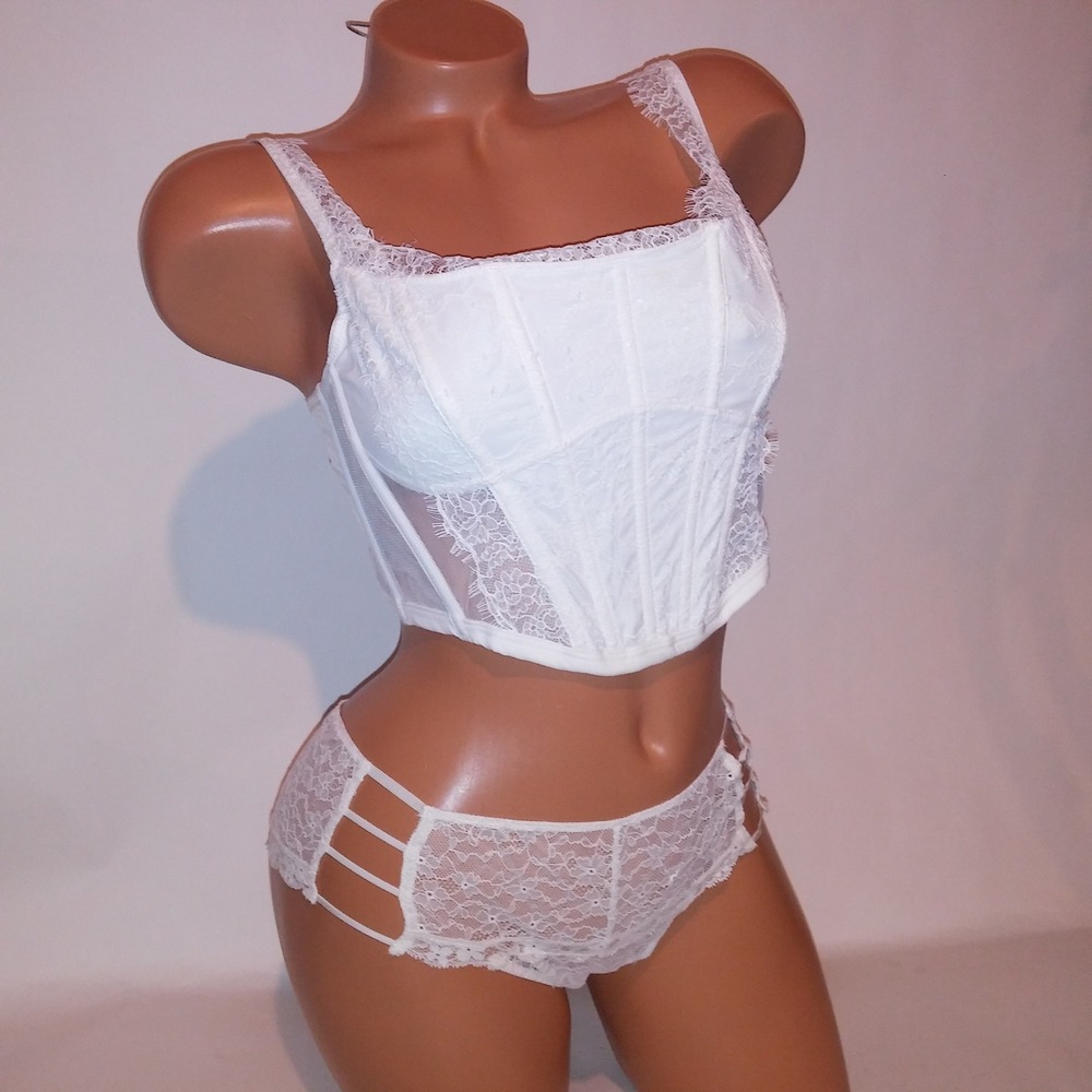 Victoria Secret Bra Set Bustier & Panty Large White Lace Boned Crop Strappy New